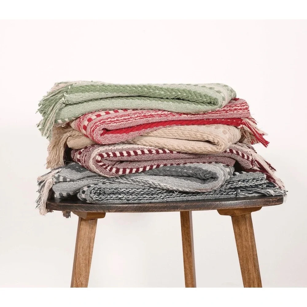 MM Piscatextil Grey Striped Cotton Throw Blanket with Fringe 92-55 Made Portugal
